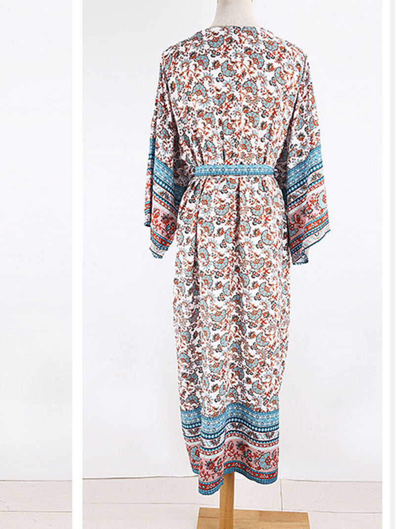 Robe longue en coton bleu à imprimé floral