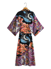 Partywear Long Kimono Floral + Moon Print Multicolor Polyester Gown Robe Kimono Duster Robe