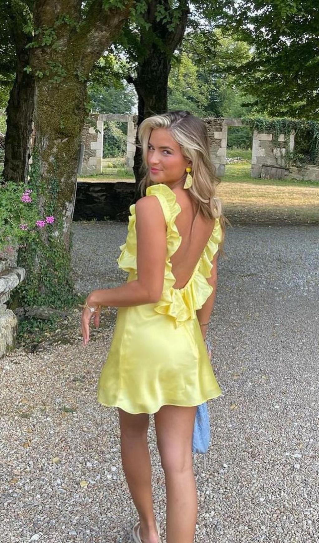 Yellow Satin Ruffle Mini Dress