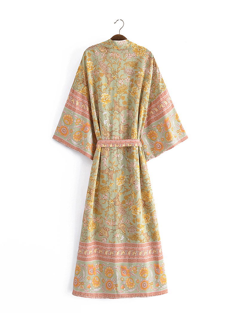 Robe de plage longue en coton à imprimé floral de couleur jaune Kimono