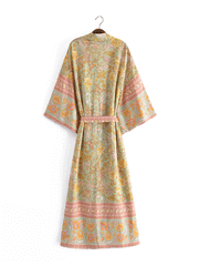 Robe de plage longue en coton à imprimé floral de couleur jaune Kimono