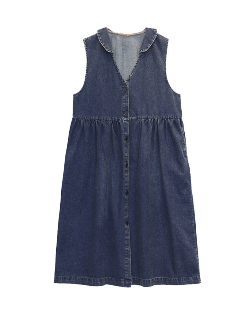 Robe mi-longue sans manches en denim à col en V pour femme