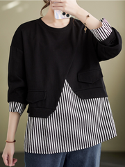 Striped Splicing Fake Two Piece Plus-Size Sweater Top