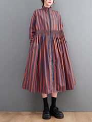 Printed Zipper Mid-Length Collar Striped A-line Dress