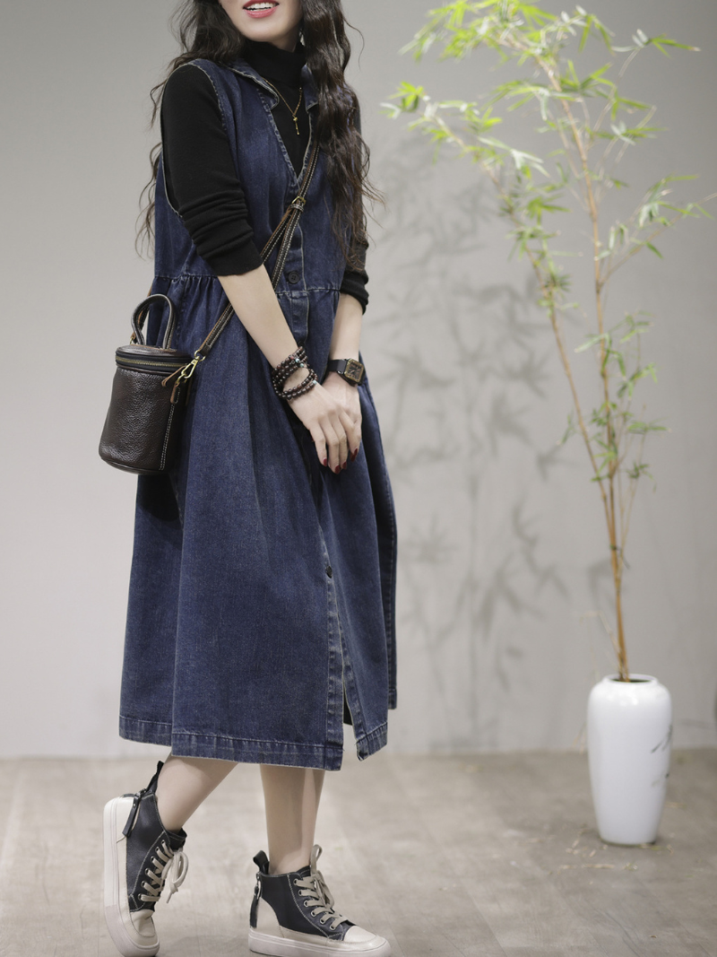 Women Stylish V-Neck Denim Cardigan Style Sleeveless Midi Dress