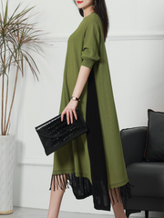 Female Knitted Long Sleeves Round Neck Middle Waist Midi-Dress