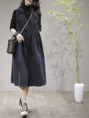 Robe mi-longue sans manches en denim à col en V pour femme