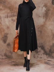 Solid Color Collar A-Line Dress with Thin Belt for Women