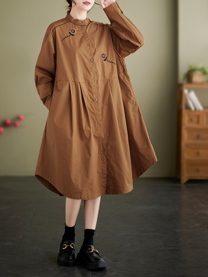 Fashionable Embroided Loose Stand-Up Collar Shirt Dress