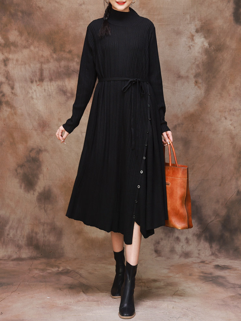 Solid Color Collar A-Line Dress with Thin Belt for Women