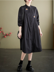 Fashionable Embroided Loose Stand-Up Collar Shirt Dress