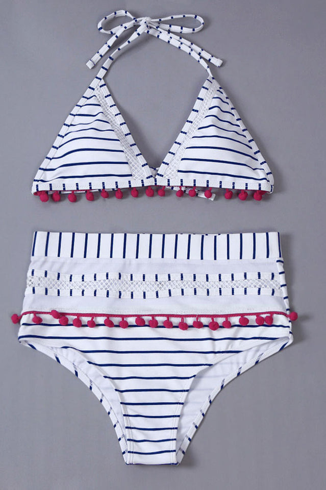 Mesh Hollow Out Stripe Tassel Bikini Set