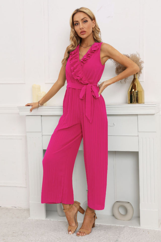 Wadenlanger, plissierter Jumpsuit mit Rüschen