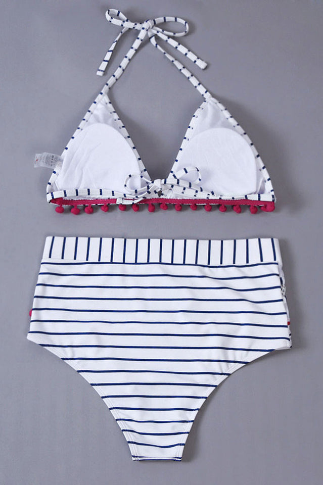 Bikini-Set mit ausgehöhltem Netzstoff, Streifen und Quaste