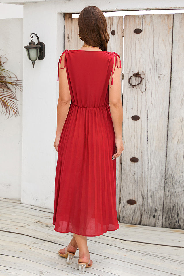 Cinched-Waist Pleated Midi Dress