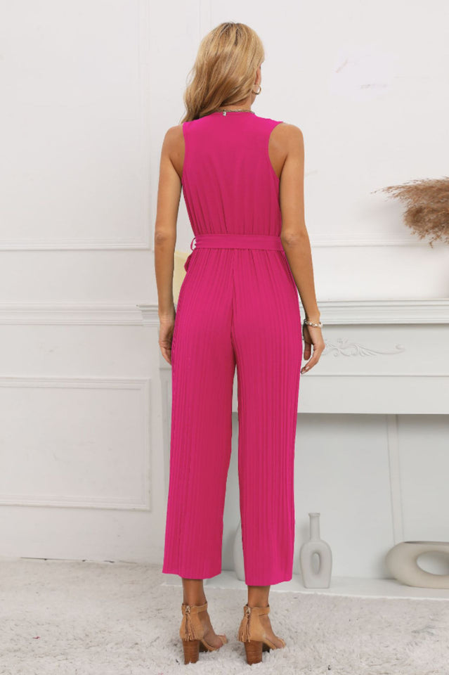 Wadenlanger, plissierter Jumpsuit mit Rüschen