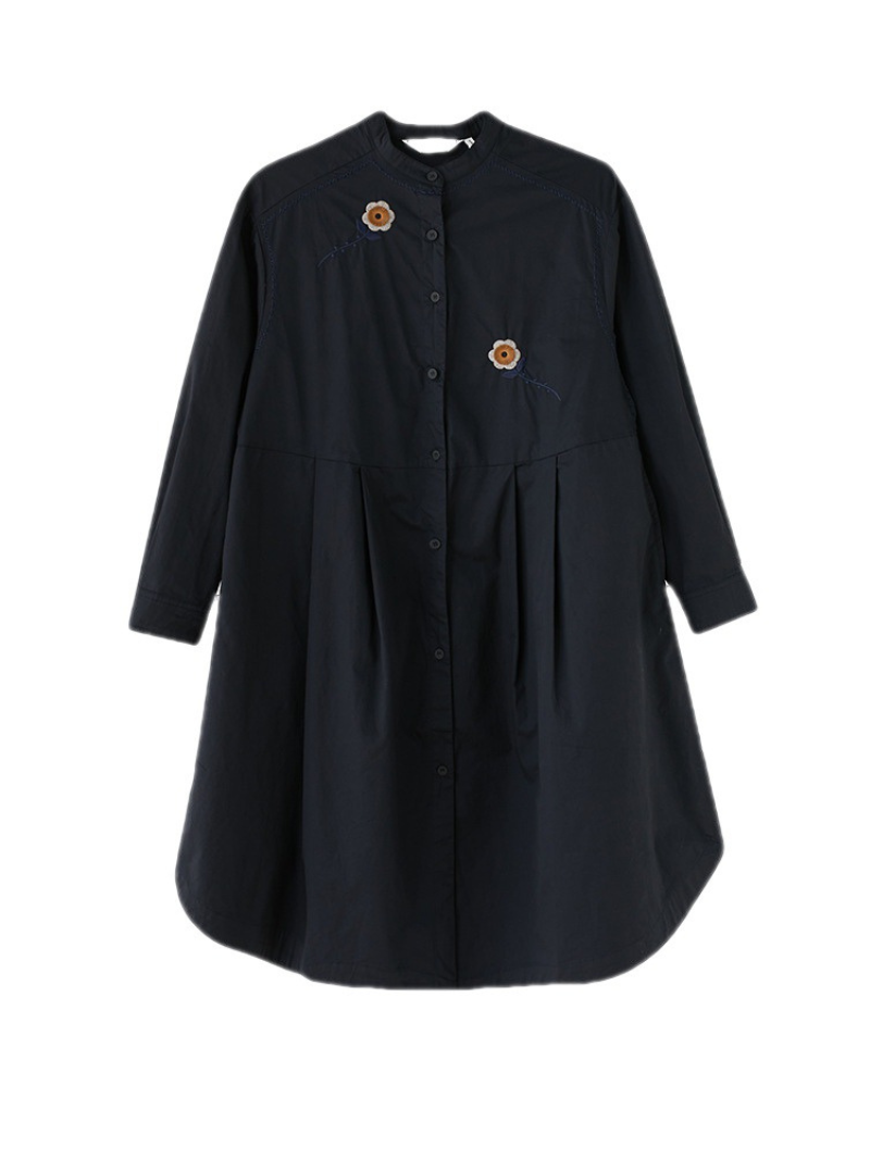 Fashionable Embroided Loose Stand-Up Collar Shirt Dress