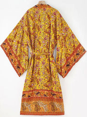 Robe de nuit longue en coton à imprimé floral de couleur jaune