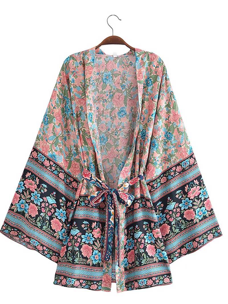 Kimono court à imprimé floral bleu, rose et blanc