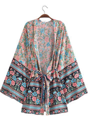 Kimono court à imprimé floral bleu, rose et blanc