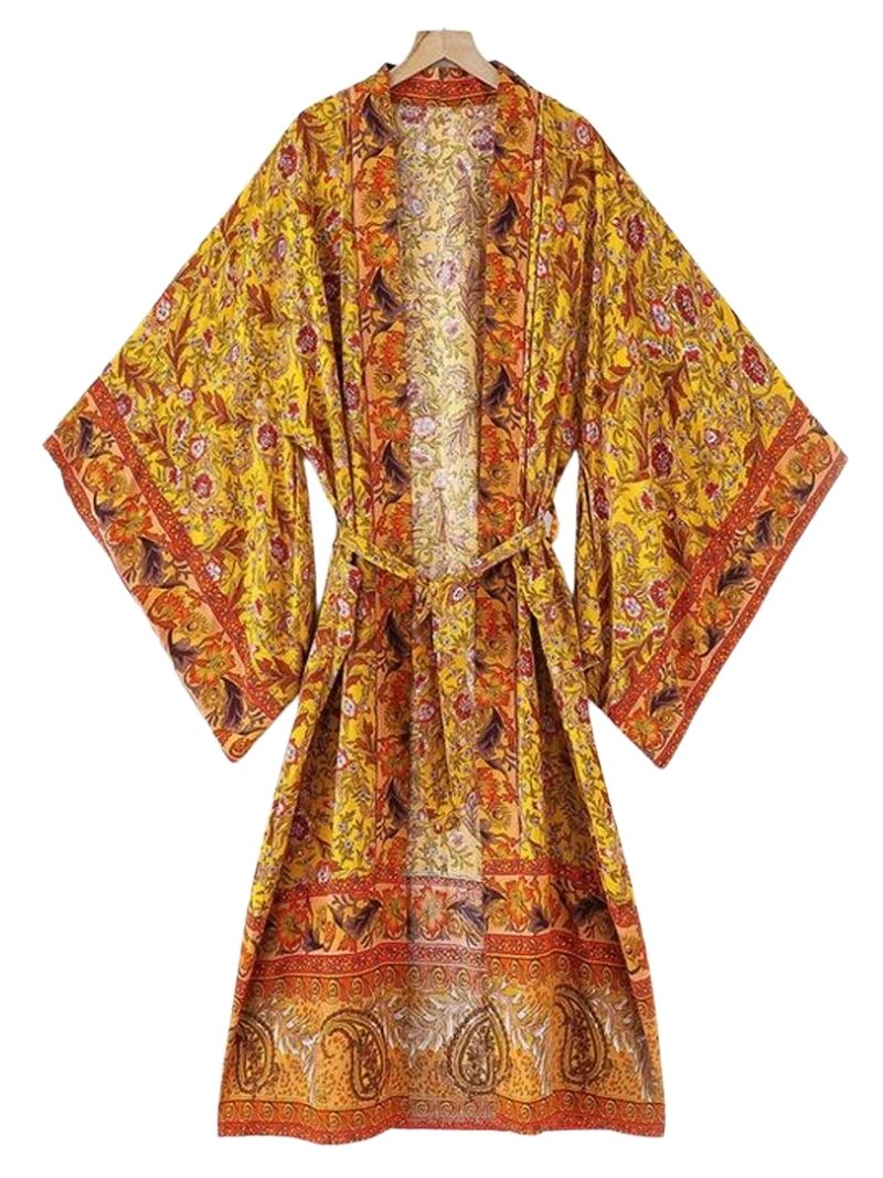 Robe de nuit longue en coton à imprimé floral de couleur jaune