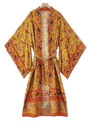 Robe de nuit longue en coton à imprimé floral de couleur jaune