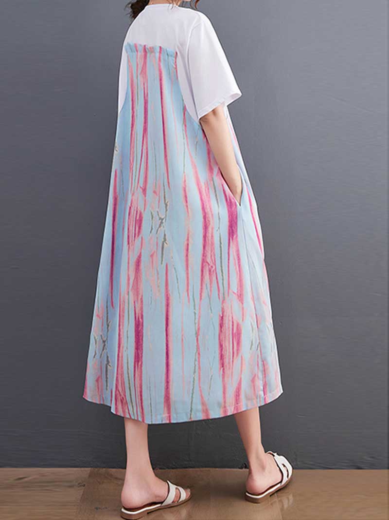 Cotton Tie-Dye Print Short Sleeves Midi Dress