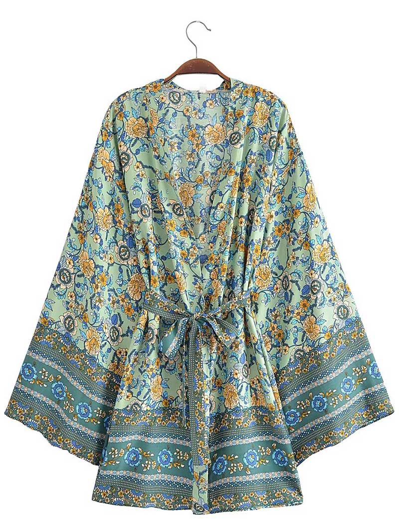Robe courte kimono en coton à imprimé floral violet, vert et beige
