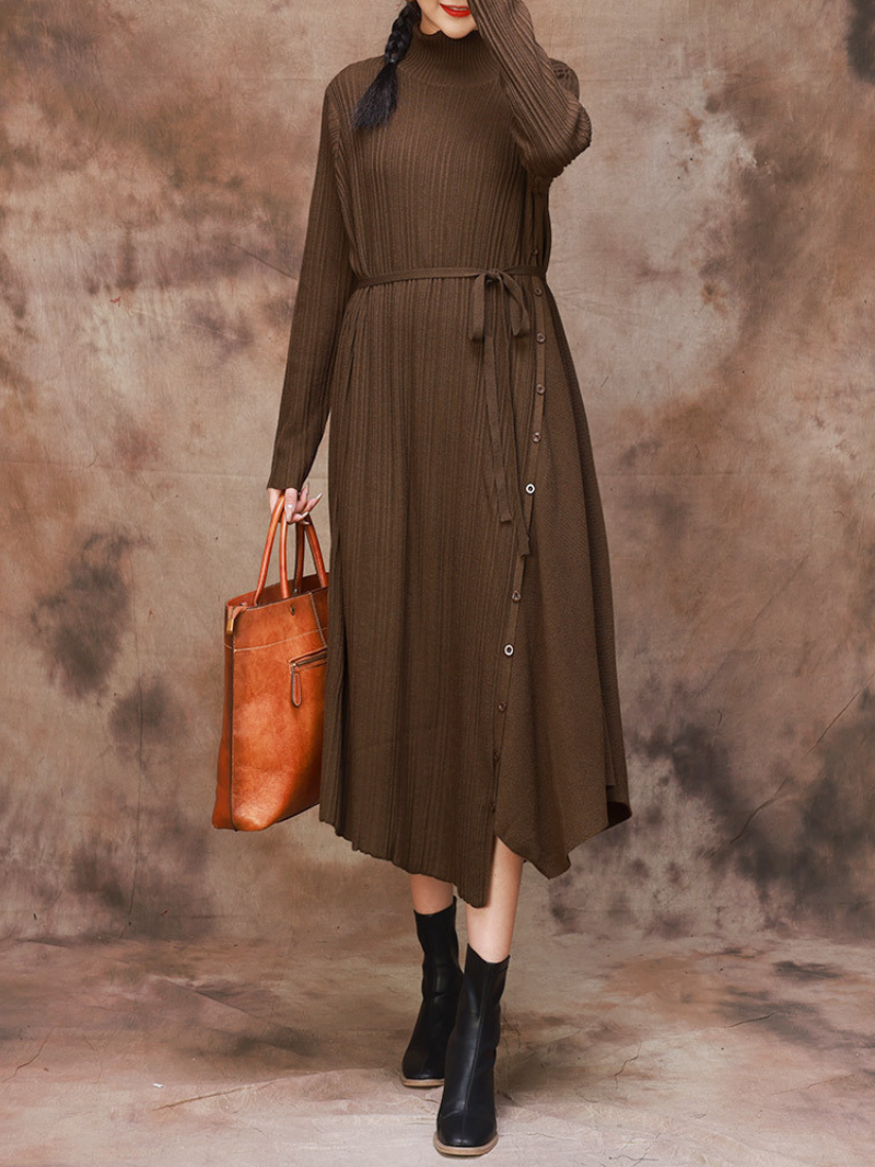 Solid Color Collar A-Line Dress with Thin Belt for Women