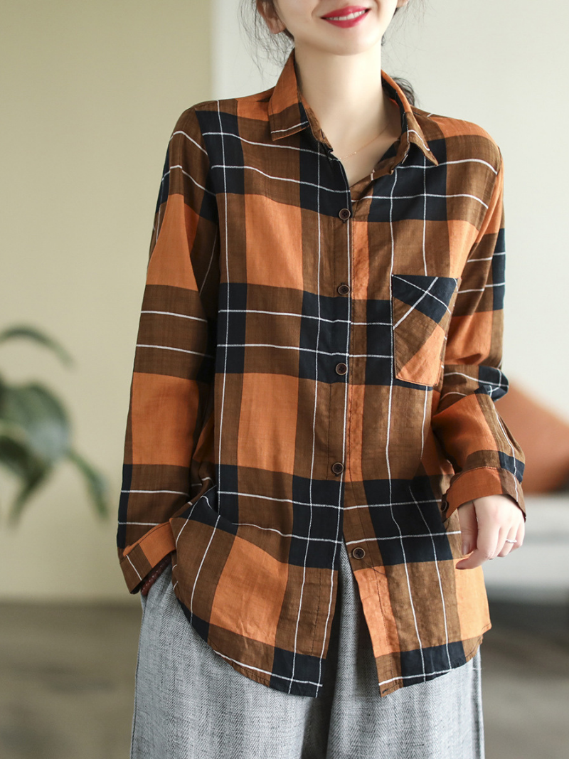 Long Sleeve Stylish Lapel Plaid Loose Causal Shirt Dress