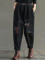 Pantalon de jogging en denim noir avec taille élastique patchwork