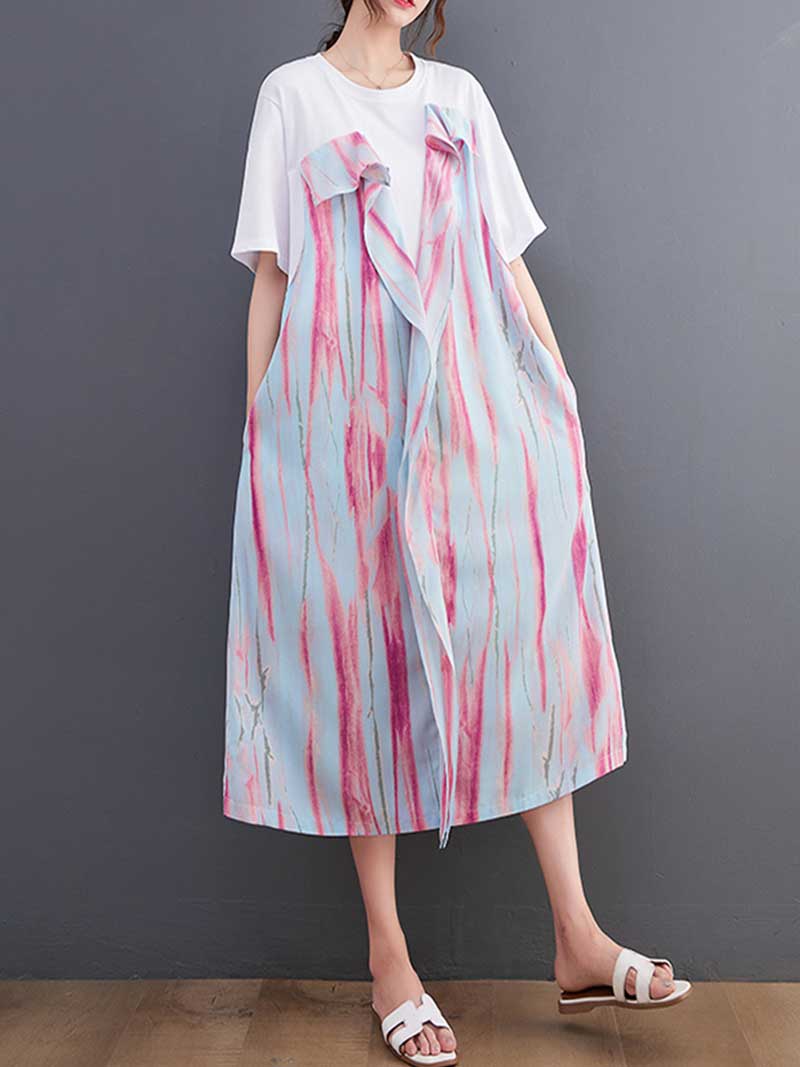 Robe mi-longue à manches courtes en coton imprimé tie-dye