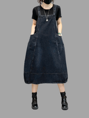 Denim Mid-Length Over-The-Knee Casual Salopette Dress