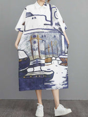 Abstract Art Print Cotton Short Sleeve A-Line Shirt Dress