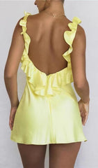 Yellow Satin Ruffle Mini Dress