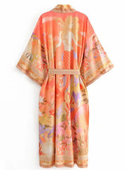 Floral Partywear Cotton Silk Kimono Orange Color Cotton Long Length Gown Robe Kimono
