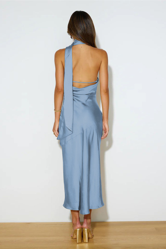 Slinky Open Back Halter Satin Dress