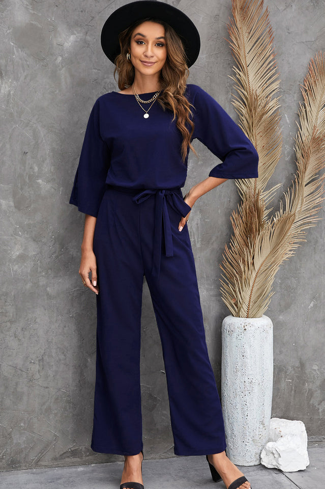 Belted Three-Quarter Sleeve Jumpsuit