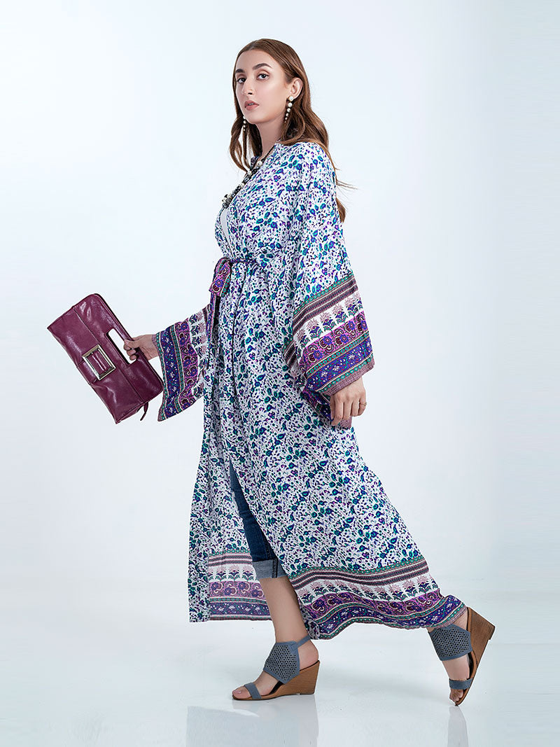 Strandmode Blumendruck Rosa &amp; Blau Farbe Baumwolle Lange Länge Kleid Kimono Duster Robe