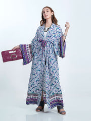 Strandmode Blumendruck Rosa &amp; Blau Farbe Baumwolle Lange Länge Kleid Kimono Duster Robe