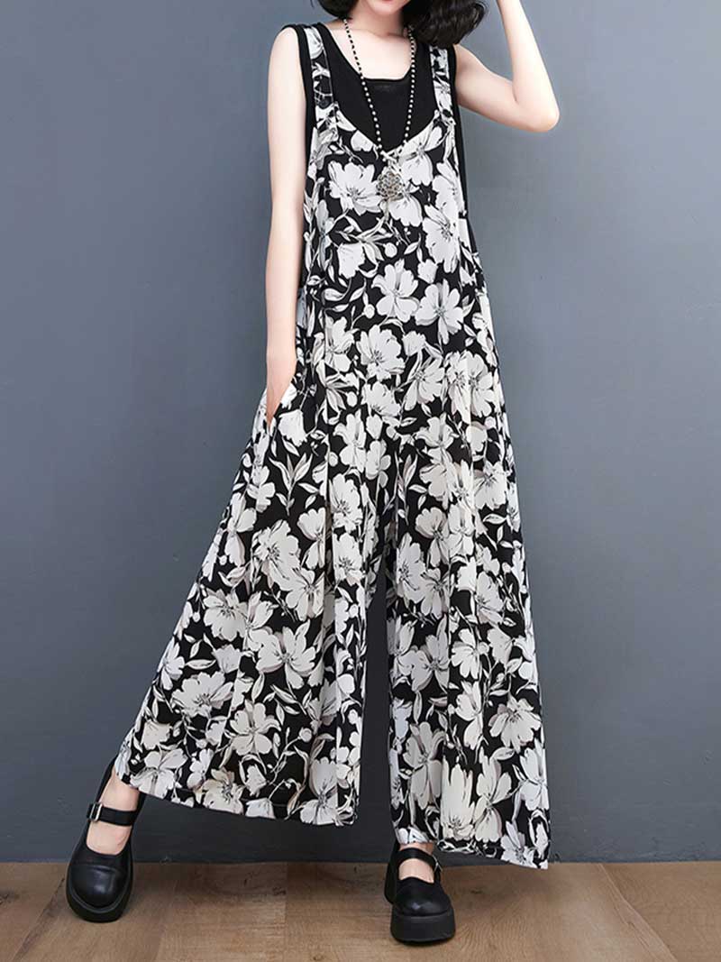 Floral Print Cotton Wide-Leg Overall Jumpsuit