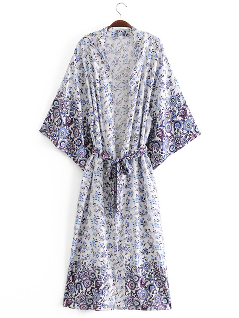 Robe de nuit longue en coton à imprimé floral de couleur verte, kimono long