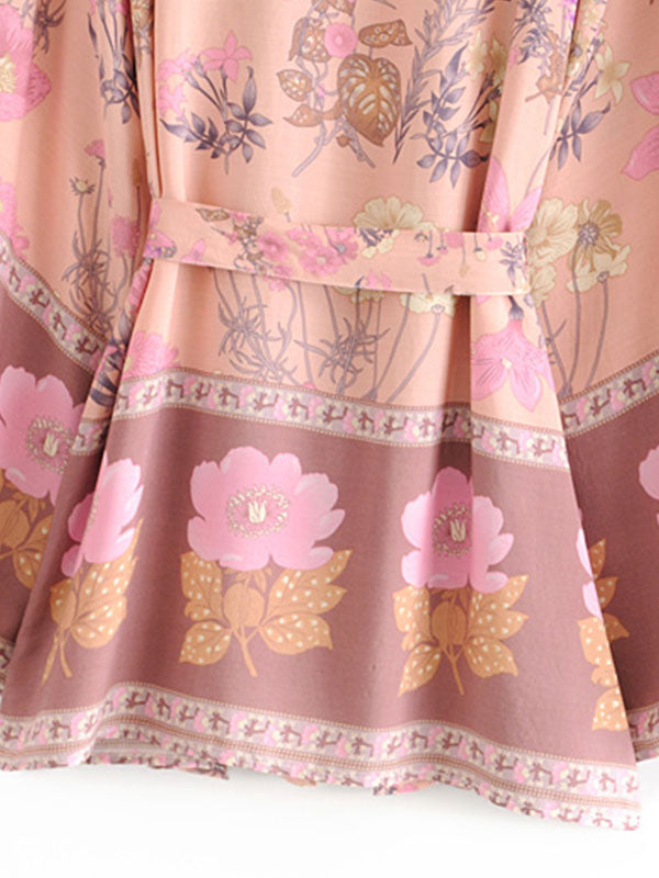 Short Kimono Floral Print Pink Cotton Viscose Short Length Gown Kimono Duster Robe