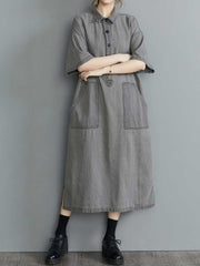 Plain Cotton Grey Color Short Sleeve Midi Dress