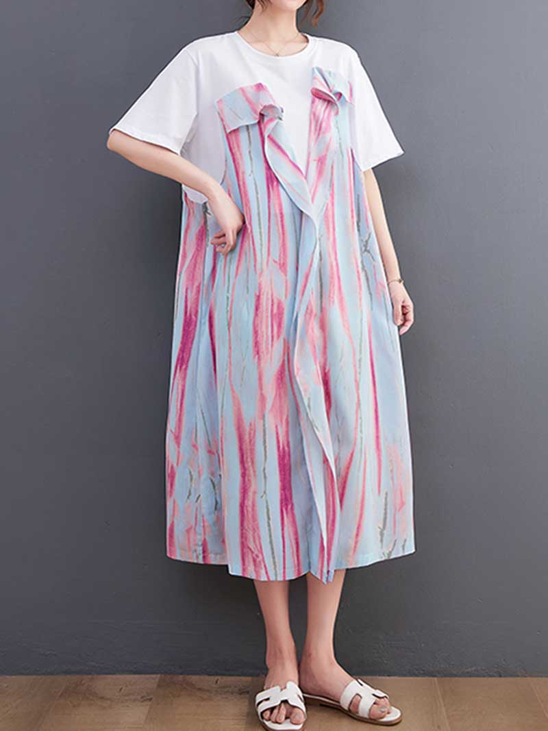 Robe mi-longue à manches courtes en coton imprimé tie-dye