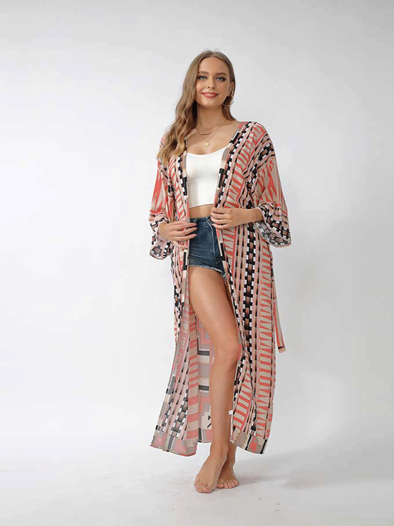 Printed Different Colors Polyester Long Length Gown Kimono Duster Robe