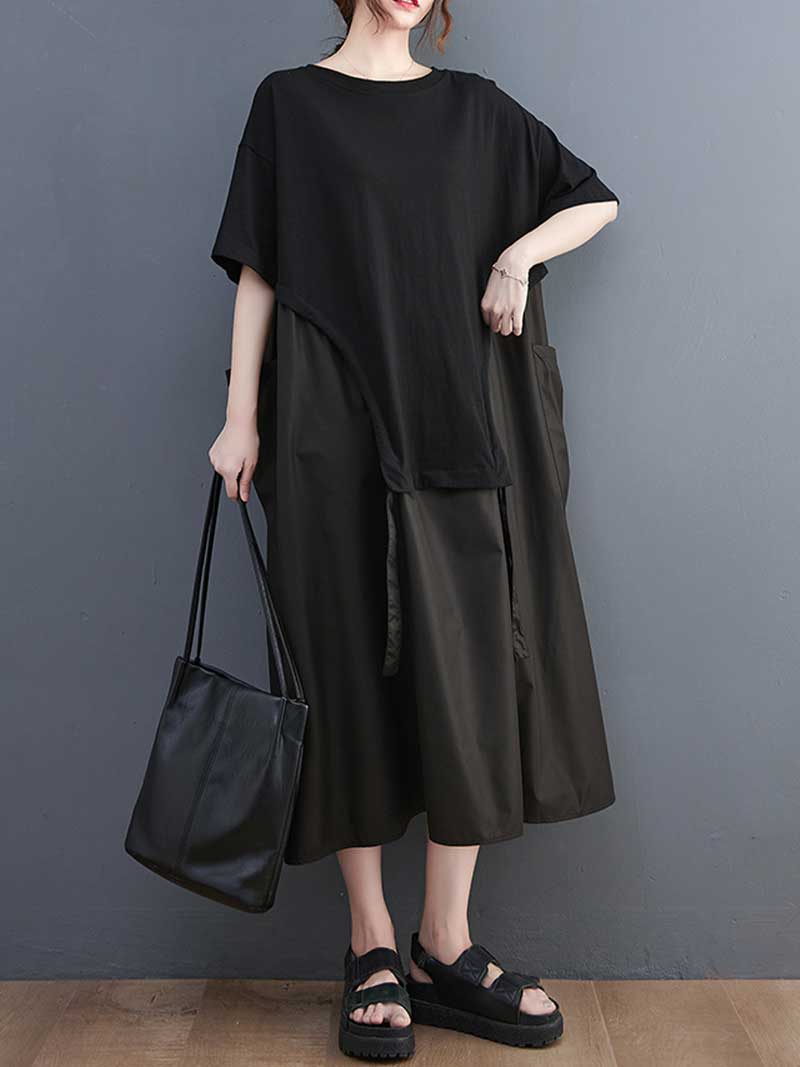 Plain Cotton Short Sleeve Pocket Style Midi Dress