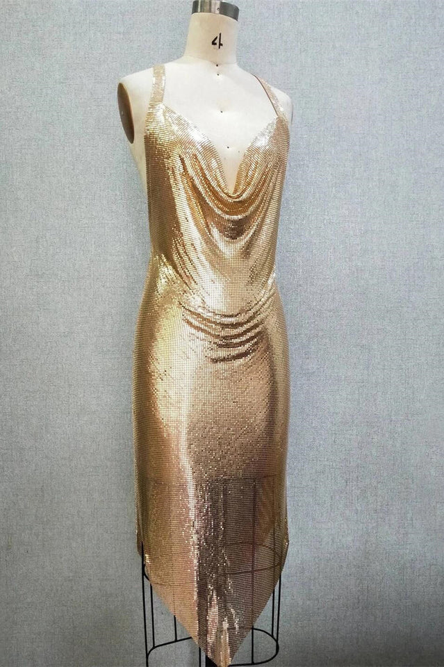 Metallic Backless Asymmetrical Midi Dress
