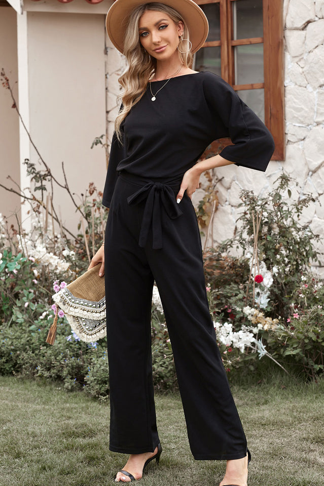 Belted Three-Quarter Sleeve Jumpsuit