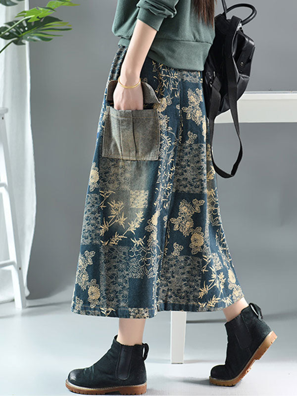 Floral Printing Denim Skirt